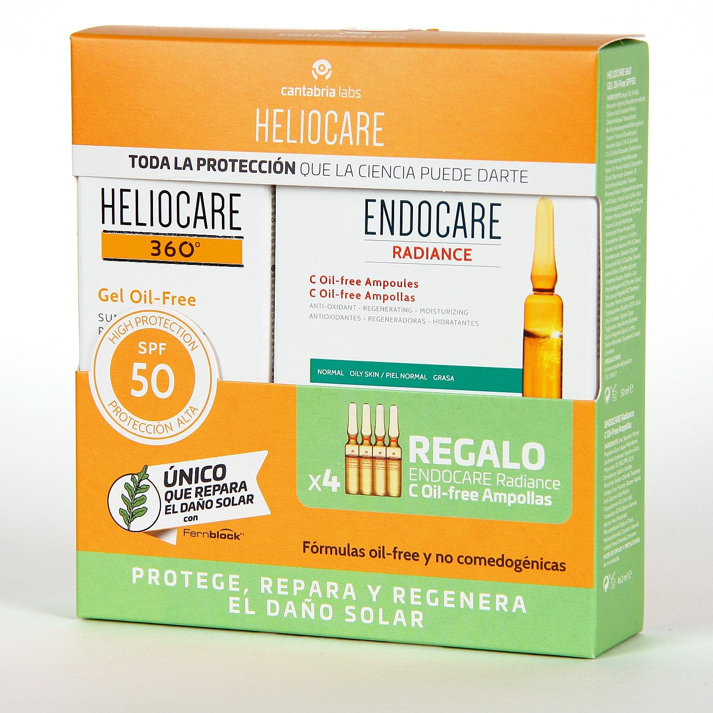 PACK PROMOCIONAL Heliocare 360 Gel Oil-Free SPF 50+ 50mL + 4 ampollas Endocare C Oil-free